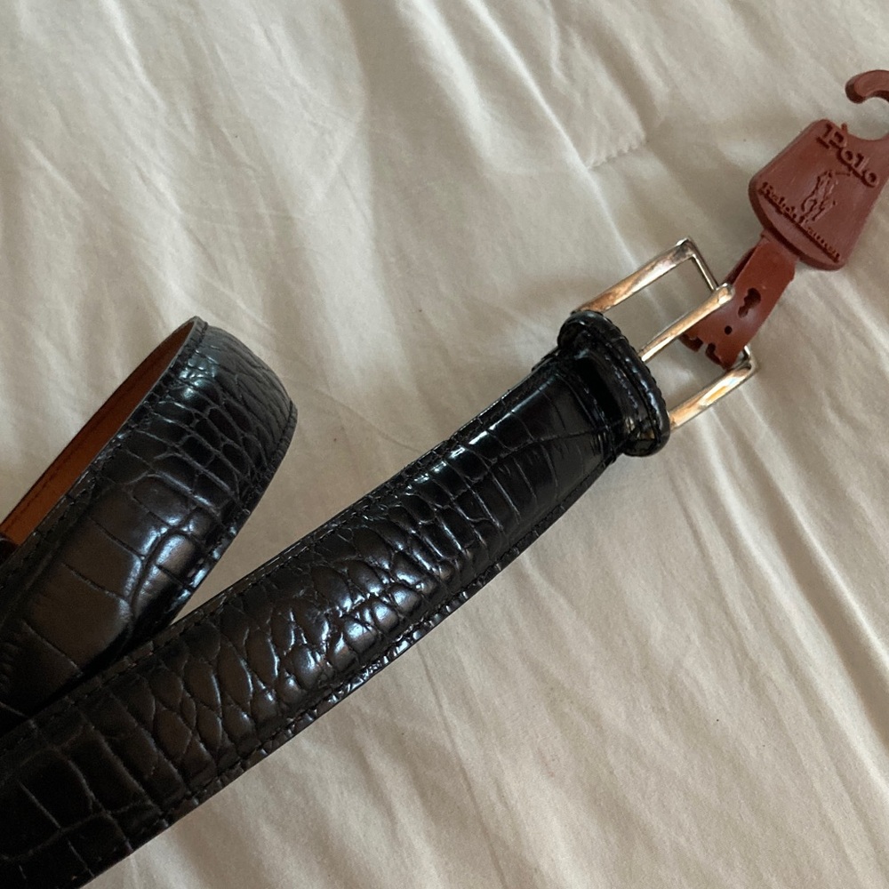 🆕 “POLO by RALPH LAUREN” Crocodile-Embossed Men’s Black Leather Belt! Size 34